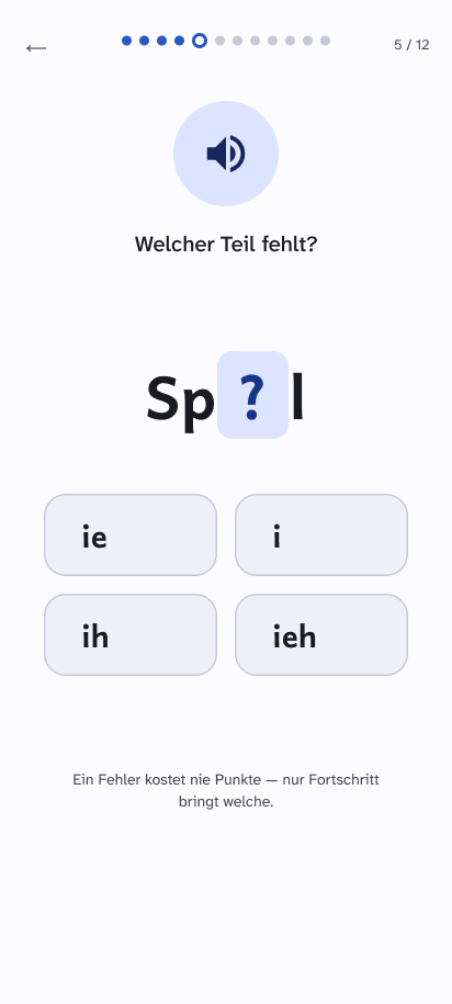 App-Bildschirm: Welcher Teil fehlt? Das Wort Spiel mit einer Lücke und vier Antworten.