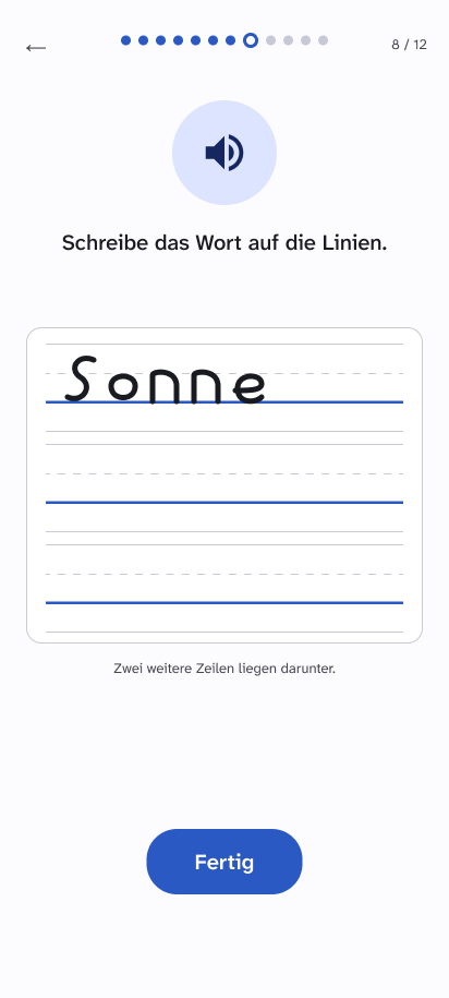 App-Bildschirm: Schreibe das Wort auf die Linien. Sonne, mit dem Finger geschrieben.